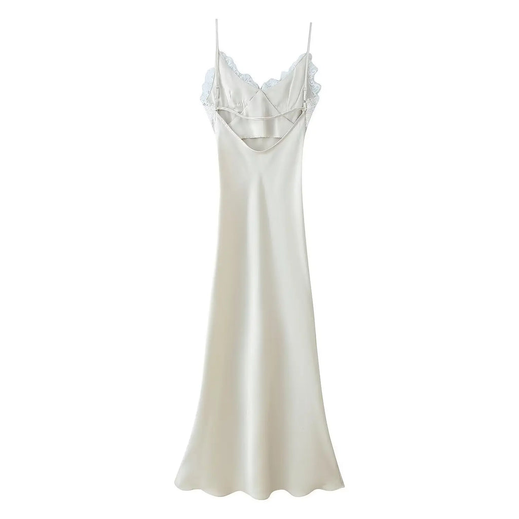 New 2026 Women V Neck Satin Sling Long Dress Lace Patchwork Backless Sexy White Gowns Summer Evening Party Maxi Vestidos