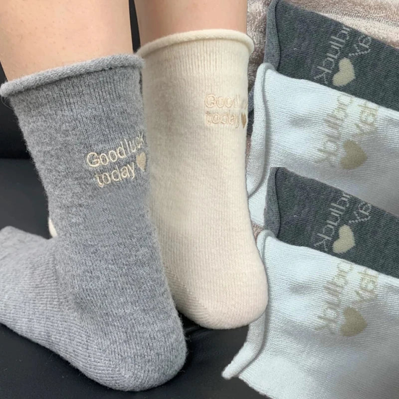 Winter Warm Thicken Cotton Socks Women Embroidery Letters Cozy Solid Color Thermal Japanese Korean Stacked Mid Calf Crew Socks