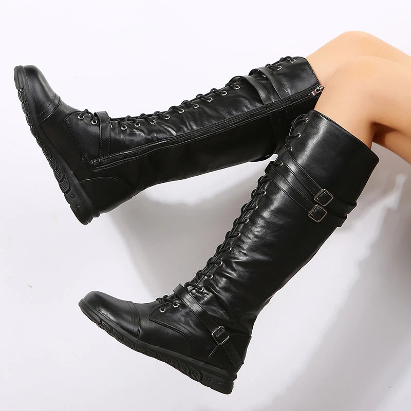 Winter Boots for Women 2024 Combat Cowboy Knee High Long Leather Platform Shoes Black Gothic New Rock Punk