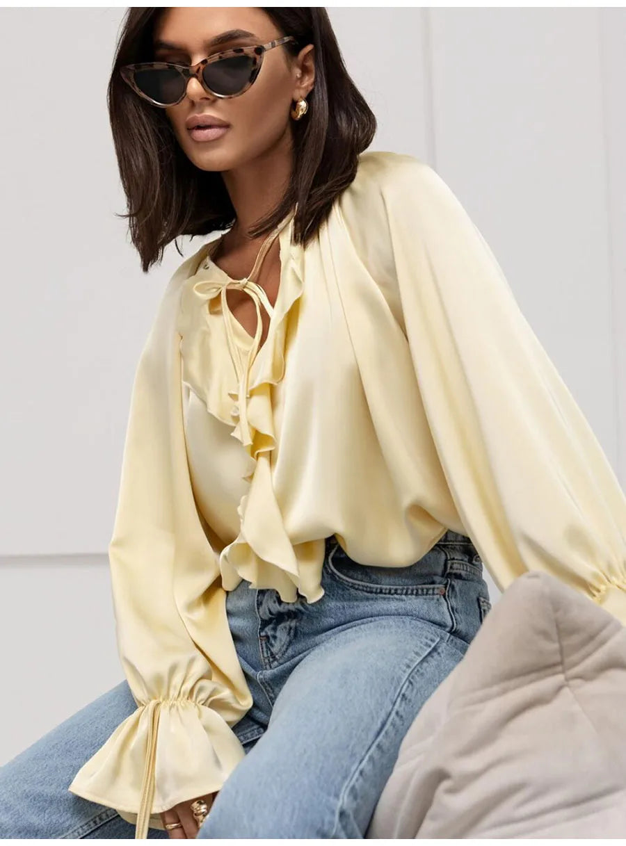 Fashion Fall Ruffles Blouse Women 2025 Autumn Winter Long Sleeve Loose Lace-up Shirts And Blouses Tops Elegant