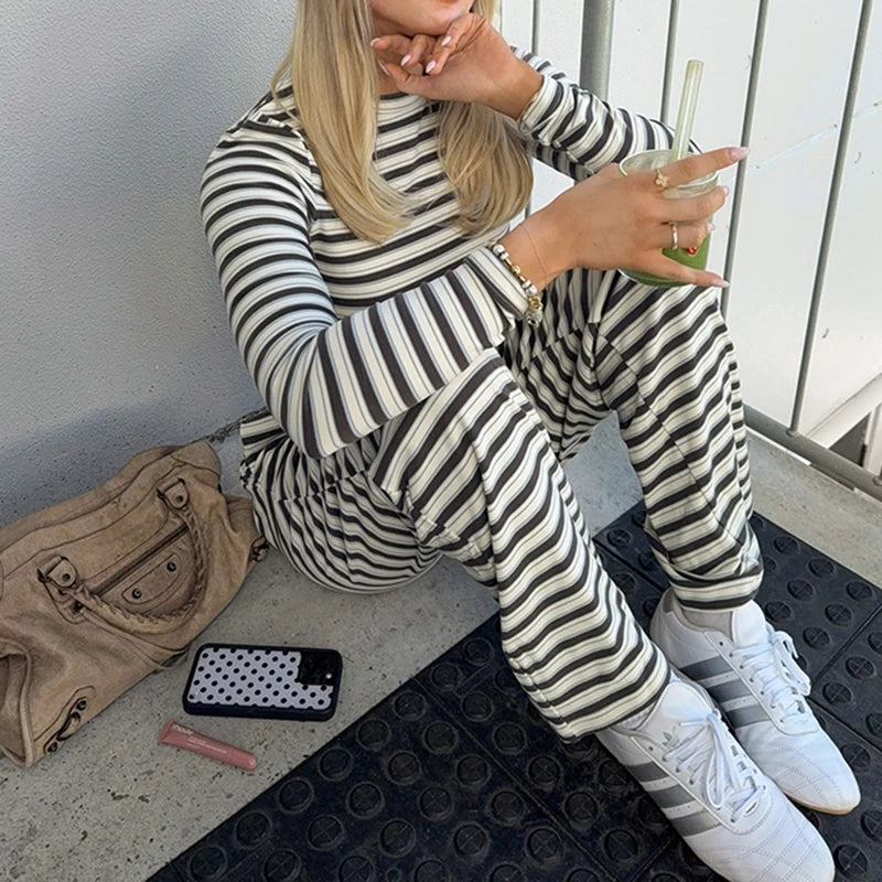 Women Casual Workout 2 Piece Pants Set Teen Girl Striped Long Sleeve Crop Top T-shirts + Wide Leg Trousers Autumn Lounge Outfits