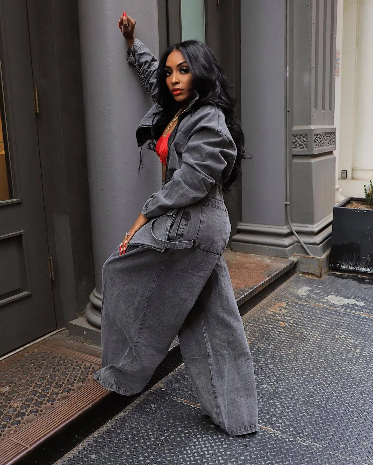 Fall Denim Suit For Women Long Sleeve Lapel Top And Wide Leg Pant Outfits Comfortable Solid Color Ladies Two-Piece Set
