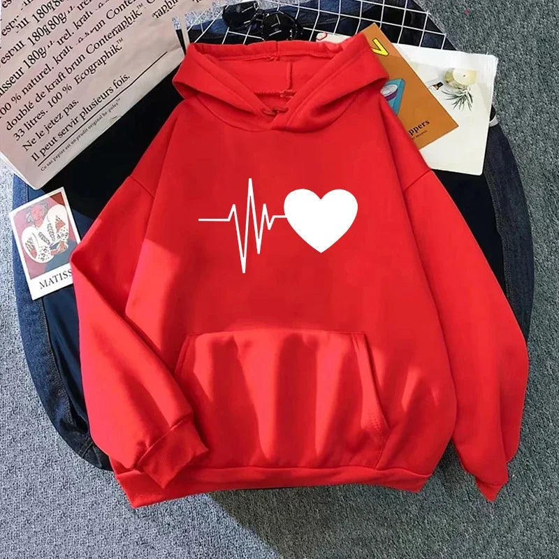 Woman Hooded Sweatshirt Casual Fashion Heart Print Hoodies Ladies Home Outdoor Comfort Warm Pullover Daily Sport Loose Hoody Top