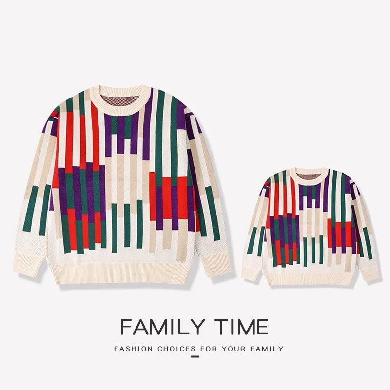 Fashion Sweater for The Whole Family Knitted Tops Mom and Daughter Baby Girl Matching Striped Knitwear Dad and Son Boy Jumper
