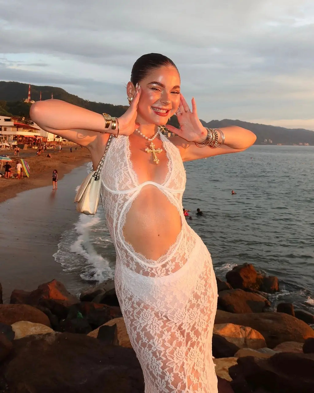 Sexy White Lace Hollow-out Halter Dress Women Chic Sleeveless Off-shoulder Backless Maxi Dresses 2026 Lady Vacation Beach Gowns