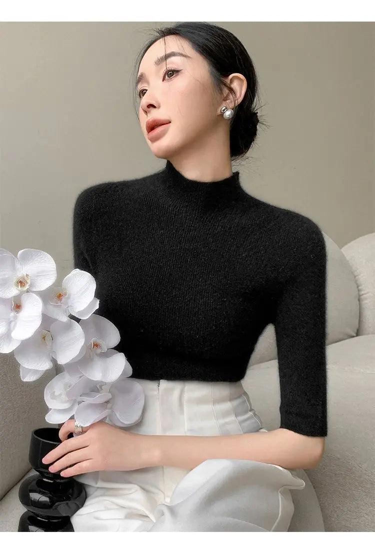 Sweater Spring Autumn High Neck Middle Sleeve New Knitted Base Knitted Half Sleeve Five-Pin Slim Tops