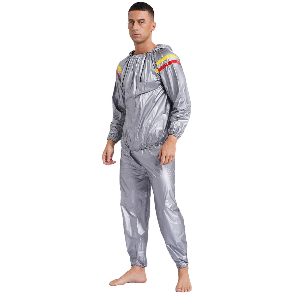 Mens Sports Outfits Sauna Sweat Sets Long Sleeve Hooded Jacket Outerwear and Long Pants PVC Sweating Suit for Gym Workout Yoga