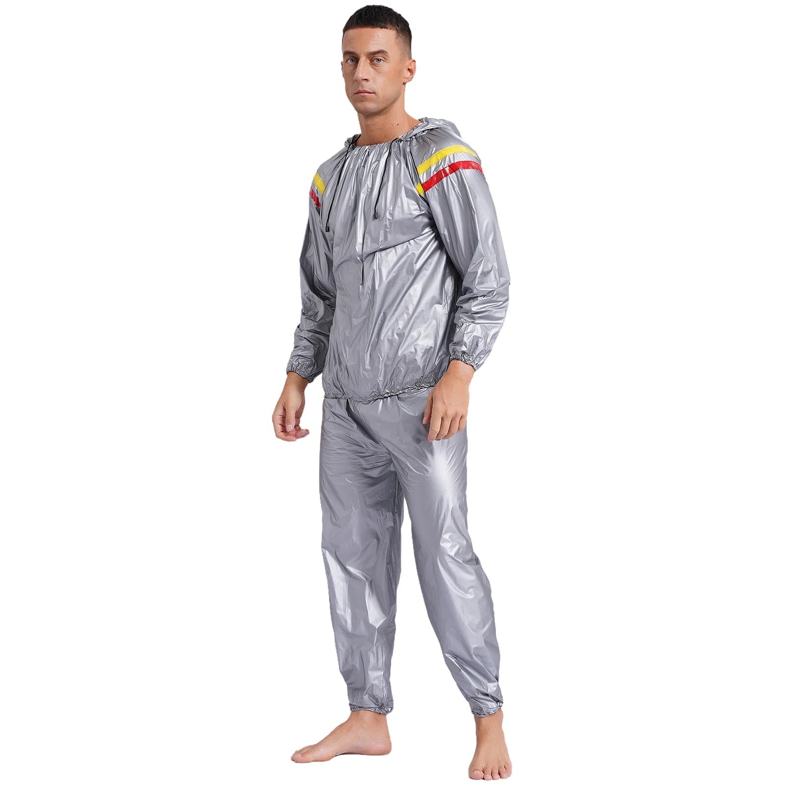 Mens Sports Outfits Sauna Sweat Sets Long Sleeve Hooded Jacket Outerwear and Long Pants PVC Sweating Suit for Gym Workout Yoga