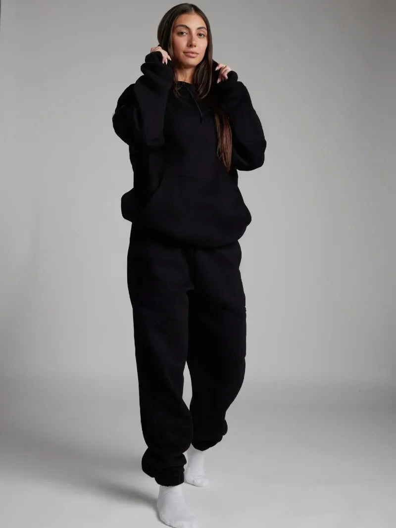 Fitness Workout Outfits Autumn Winter Women Tracksuit Sport Pocket Sweatshirt Hoodies with Eye Patch Sweatpants Two Piece Set