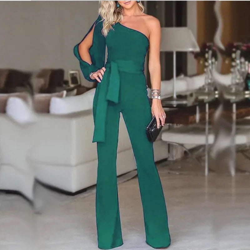 New women's single shoulder high waistband solid color slim fit sexy jumpsuit, fashionable and versatile