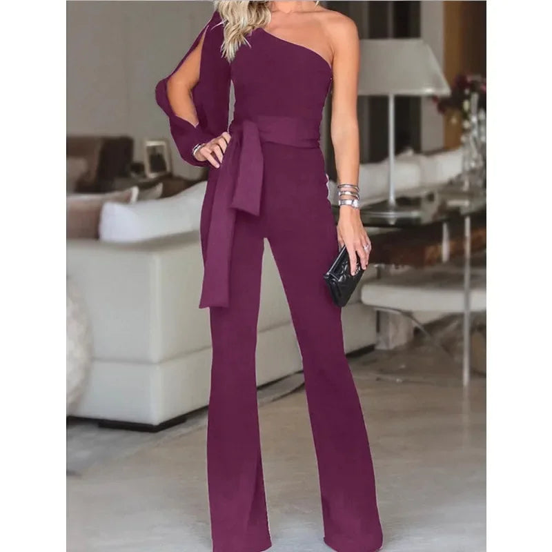 New women's single shoulder high waistband solid color slim fit sexy jumpsuit, fashionable and versatile