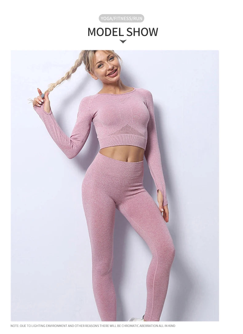 Women Yoga 2 Pieces Workout Outfits Seamless High Waist Leggings Sports Crop Top Running Clothes Sets