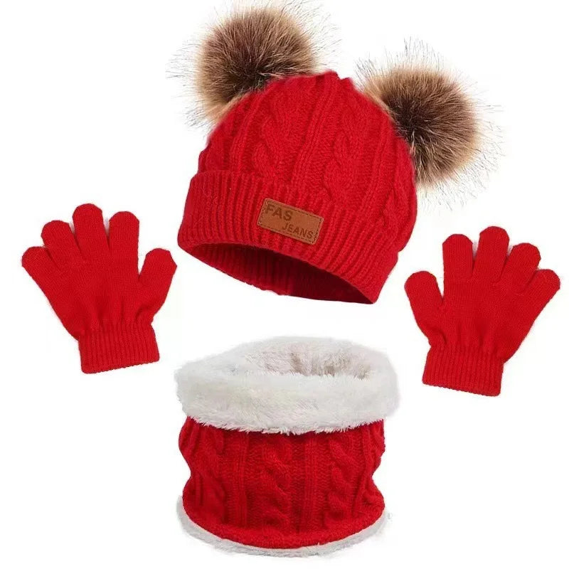 Three Piece Set of European and American Hats Scarves Gloves Autumn and Winter Single Ball Double Ball Colorful Ball Hat