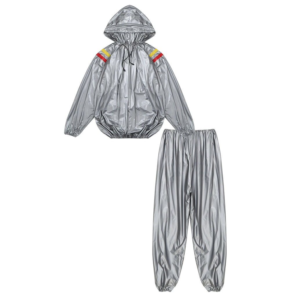 Mens Sports Outfits Sauna Sweat Sets Long Sleeve Hooded Jacket Outerwear and Long Pants PVC Sweating Suit for Gym Workout Yoga