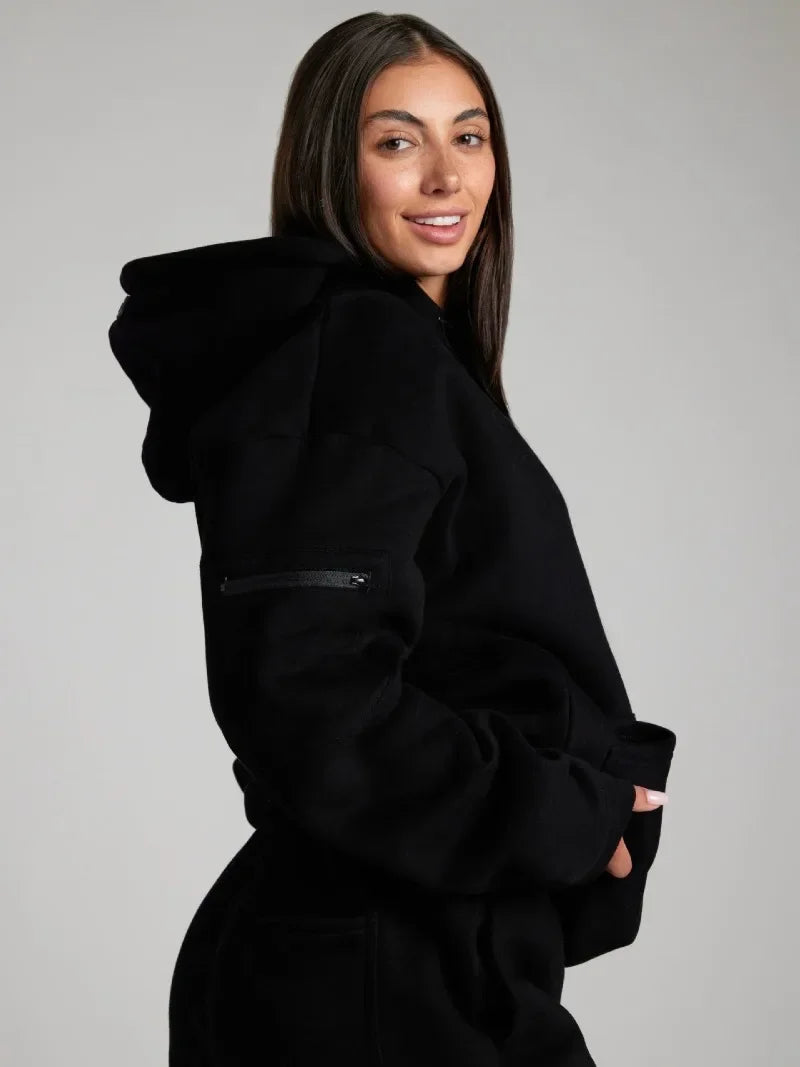 Fitness Workout Outfits Autumn Winter Women Tracksuit Sport Pocket Sweatshirt Hoodies with Eye Patch Sweatpants Two Piece Set