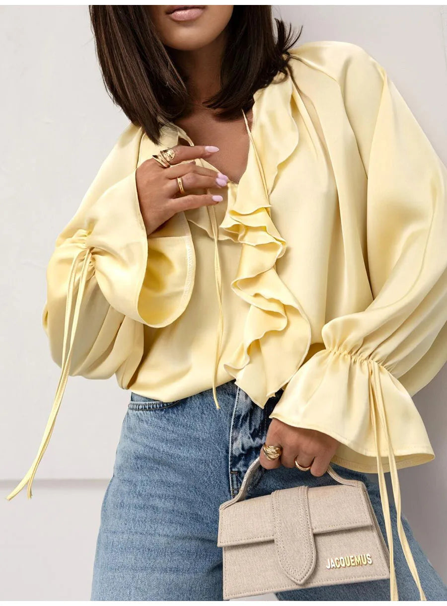 Fashion Fall Ruffles Blouse Women 2025 Autumn Winter Long Sleeve Loose Lace-up Shirts And Blouses Tops Elegant
