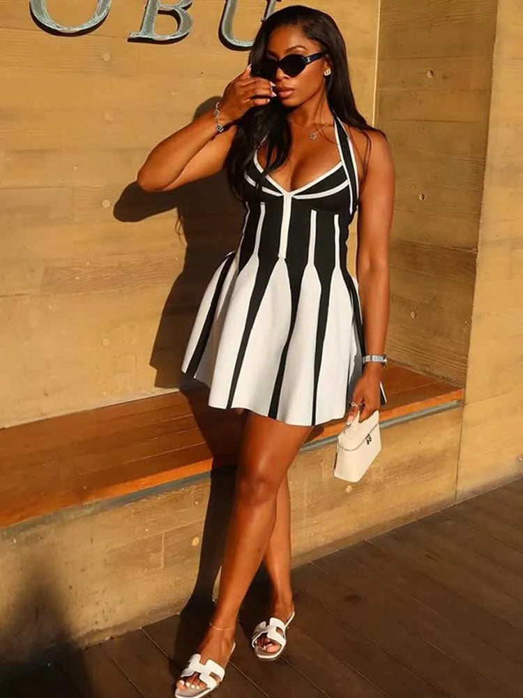 Short Sexy Dresses for Women Summer Female Clothing A Line Halter Neck Backless Dress Slimming Stretch Fabric Dress Pleated