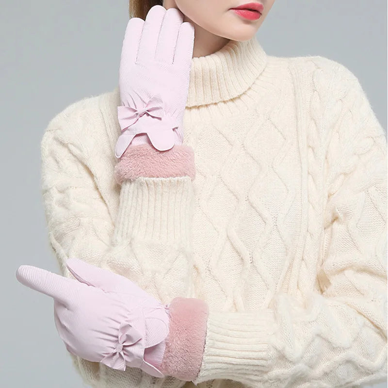 Winter Warm Gloves For Women Plus Velvet Thickened Waterproof Windproof Cute Bow Student Outdoor Cycling Touch Screen Ski Gloves