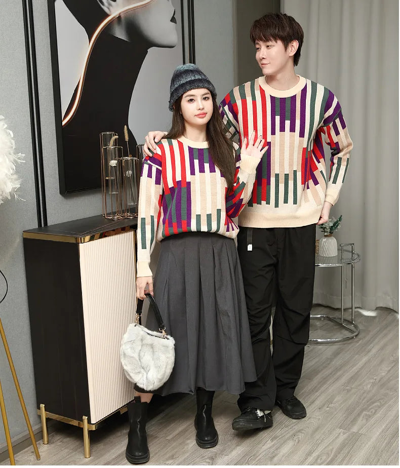 Fashion Sweater for The Whole Family Knitted Tops Mom and Daughter Baby Girl Matching Striped Knitwear Dad and Son Boy Jumper