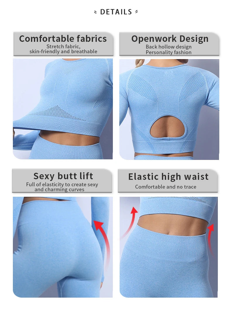 Women Yoga 2 Pieces Workout Outfits Seamless High Waist Leggings Sports Crop Top Running Clothes Sets