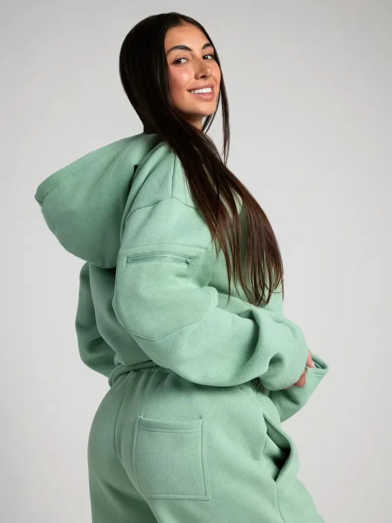 Fitness Workout Outfits Autumn Winter Women Tracksuit Sport Pocket Sweatshirt Hoodies with Eye Patch Sweatpants Two Piece Set