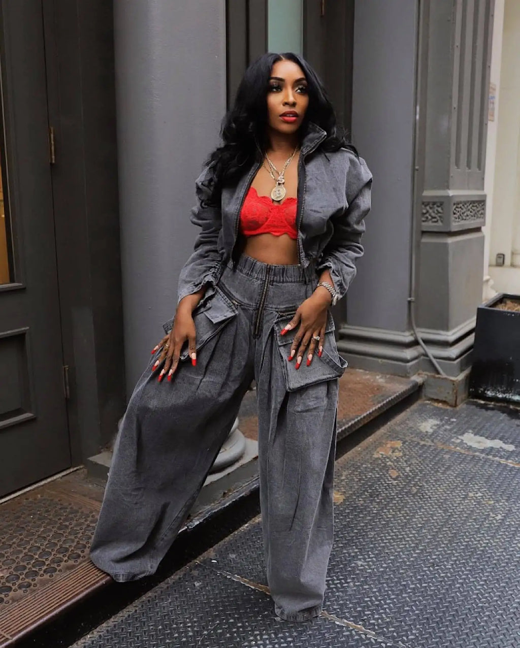 Fall Denim Suit For Women Long Sleeve Lapel Top And Wide Leg Pant Outfits Comfortable Solid Color Ladies Two-Piece Set