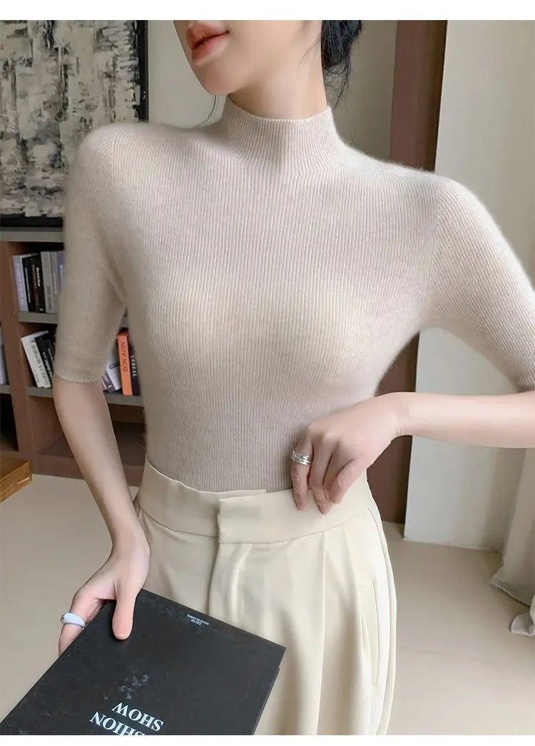 Sweater Spring Autumn High Neck Middle Sleeve New Knitted Base Knitted Half Sleeve Five-Pin Slim Tops