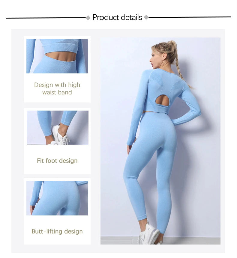Women Yoga 2 Pieces Workout Outfits Seamless High Waist Leggings Sports Crop Top Running Clothes Sets