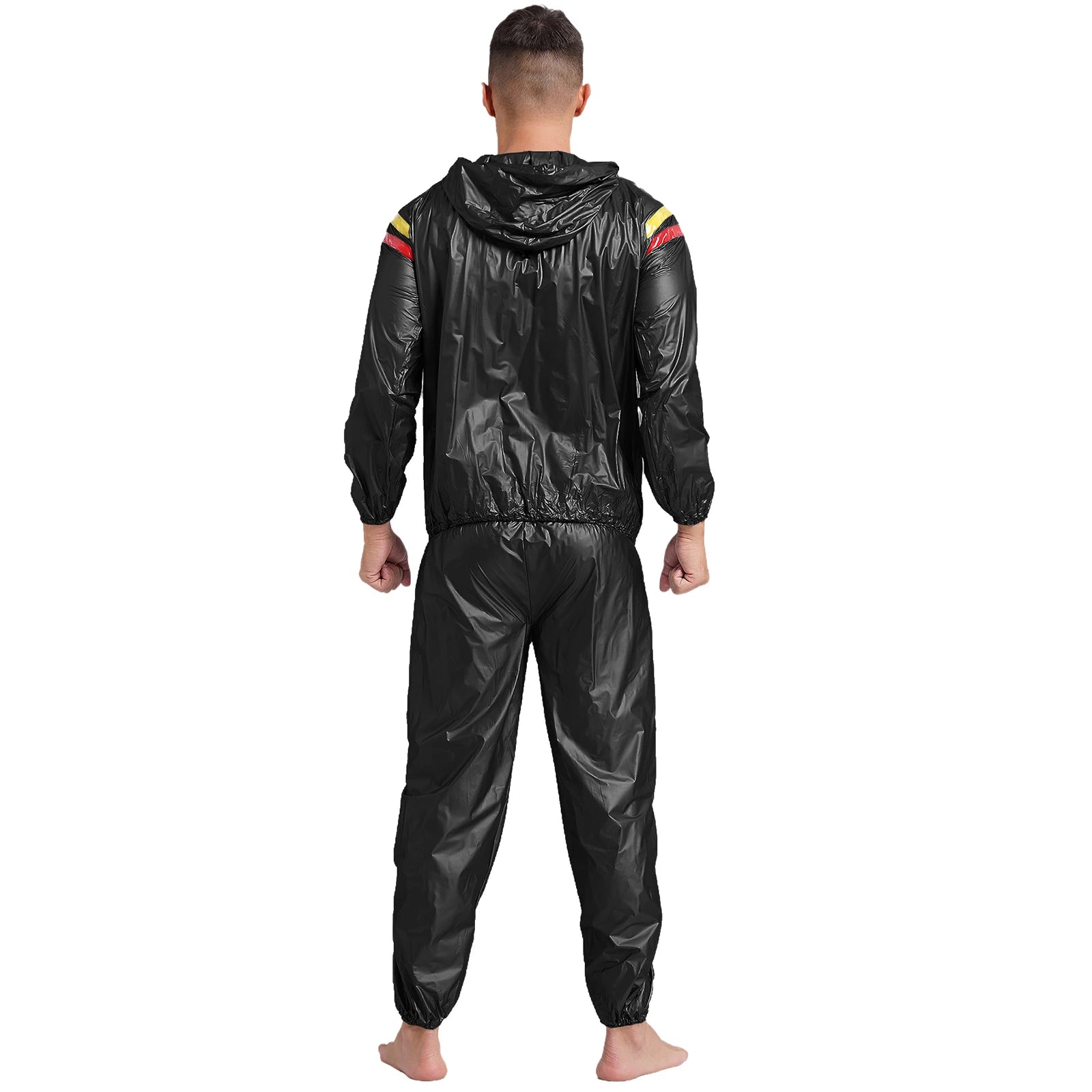 Mens Sports Outfits Sauna Sweat Sets Long Sleeve Hooded Jacket Outerwear and Long Pants PVC Sweating Suit for Gym Workout Yoga