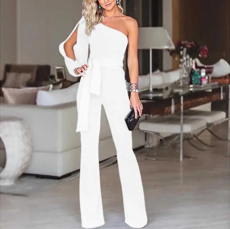 New women's single shoulder high waistband solid color slim fit sexy jumpsuit, fashionable and versatile