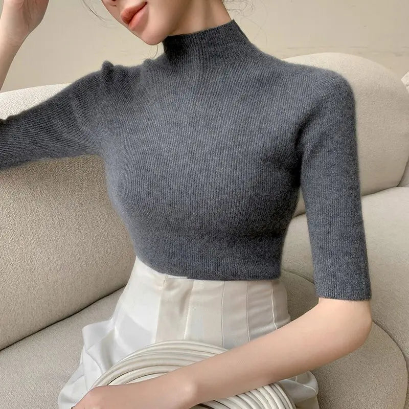 Sweater Spring Autumn High Neck Middle Sleeve New Knitted Base Knitted Half Sleeve Five-Pin Slim Tops