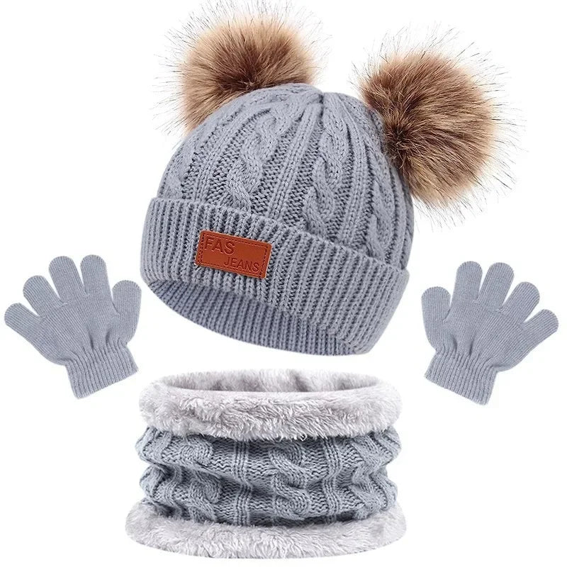 Three Piece Set of European and American Hats Scarves Gloves Autumn and Winter Single Ball Double Ball Colorful Ball Hat
