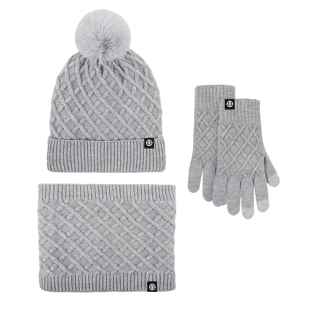 2025 Hot Hat Scarf Gloves Three-piece Winter Velvet Outdoor Warm Hairball Knitted Hat Christmas Gift Winter Warm