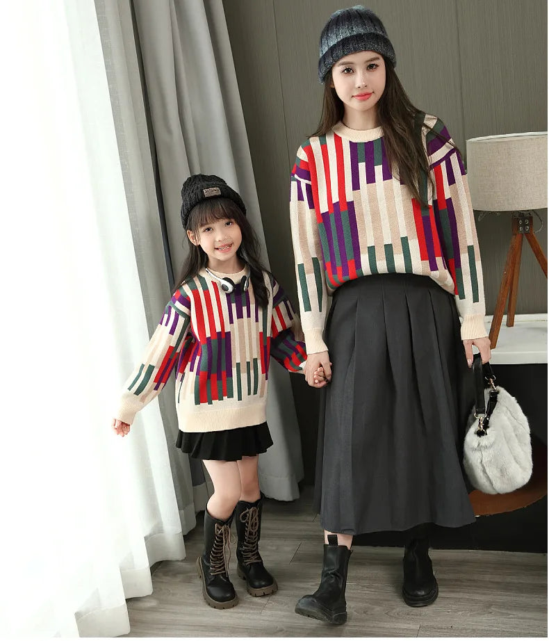 Fashion Sweater for The Whole Family Knitted Tops Mom and Daughter Baby Girl Matching Striped Knitwear Dad and Son Boy Jumper
