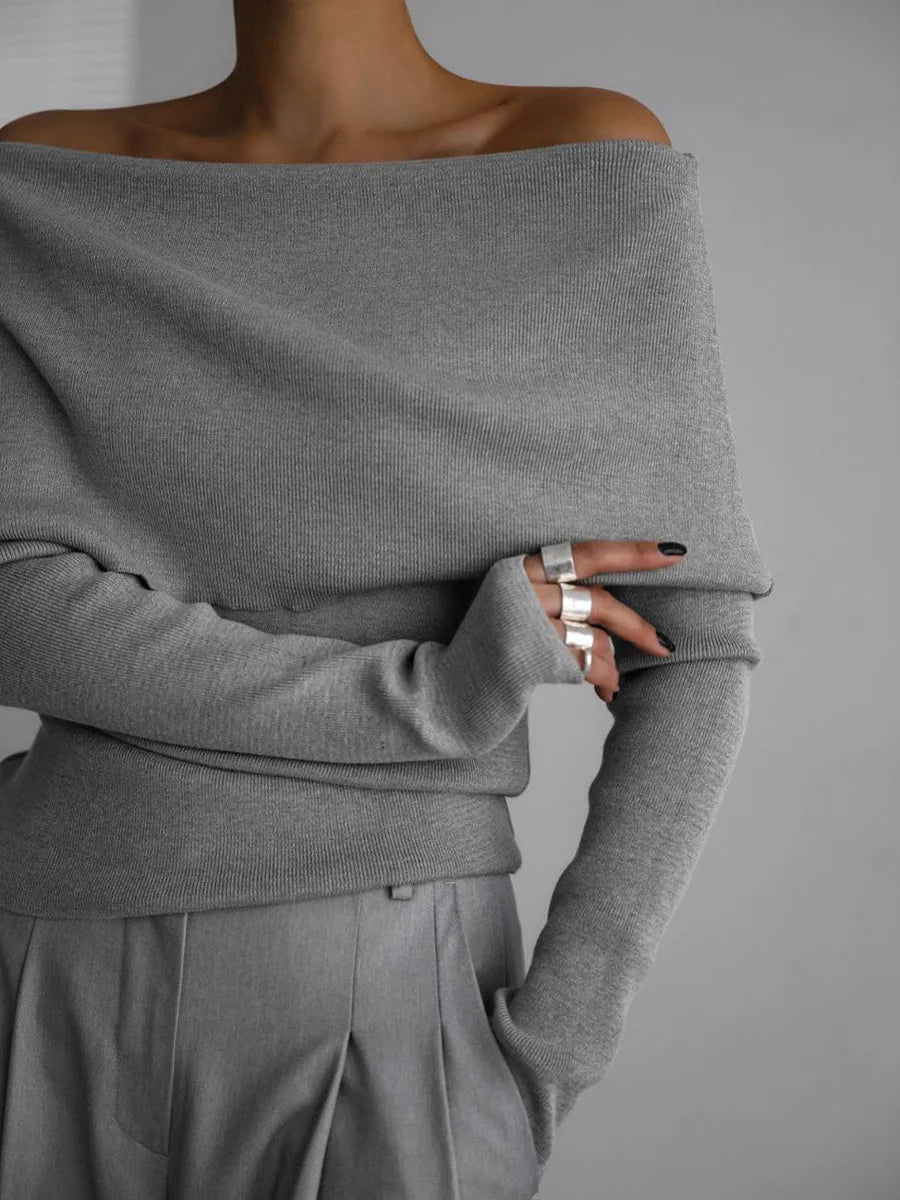 Sweater Women's Autumn and Winter Style Long Sleeved Knitted Base Shirt, One Shoulder Sexy Slim Fit Off Shoulder Top