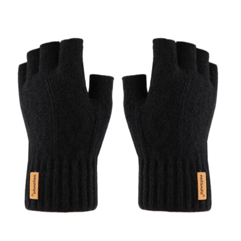 Winter Half-Finger Knitted Gloves for Men: Warm, Stretchy, Thick – Fits Office, Bicycle, Driving & Student Writing